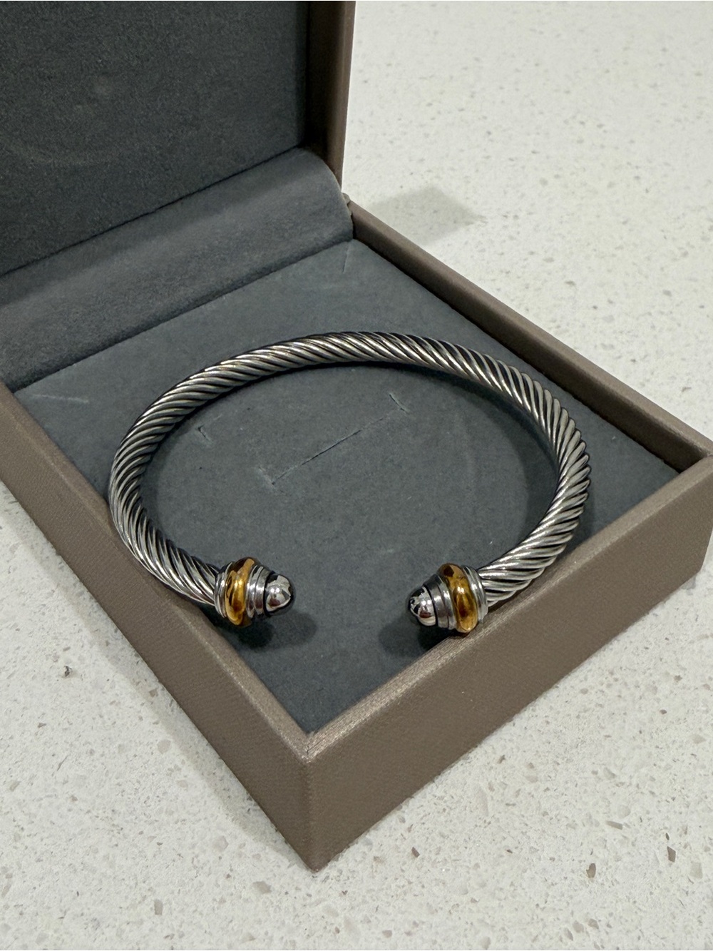 Sterling-Tone Twisted Cable Open Bangle with Amber Accents - Picture 2 of 2